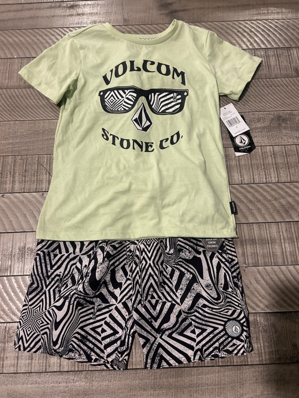 Volcom Lime Green Graphic Tee with Black & White Patterned Shorts